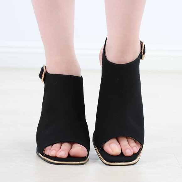 Block Heel Peep Toe Sandals Women’s Black Velvet Gold Buckle Ankle Strap - Picture 2 of 15